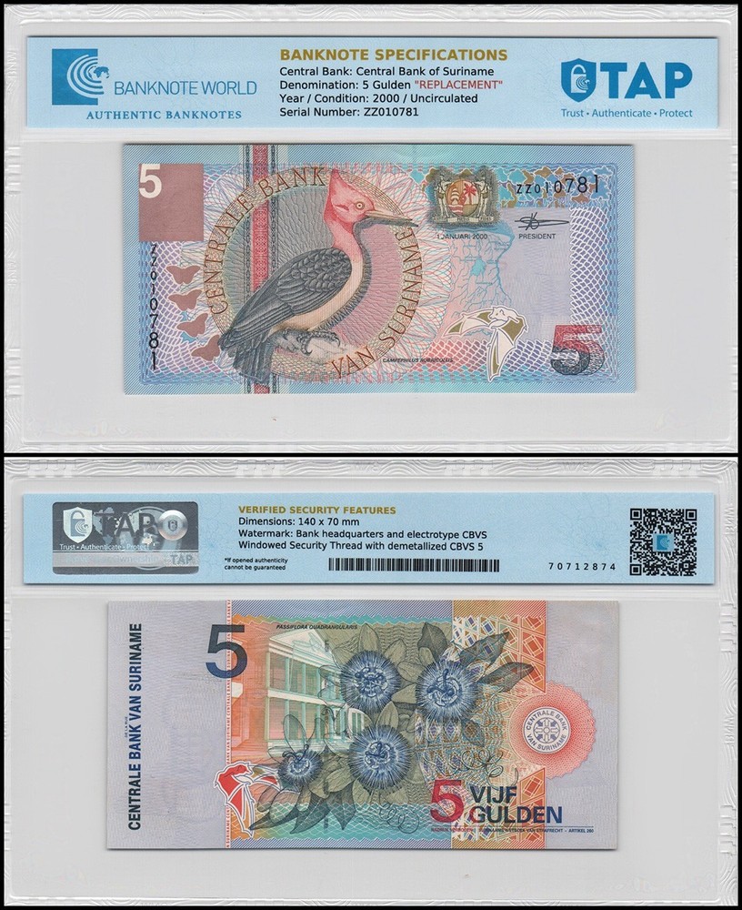 Suriname 5 Gulden, 2000, P-146, UNC Replacement Authenticated