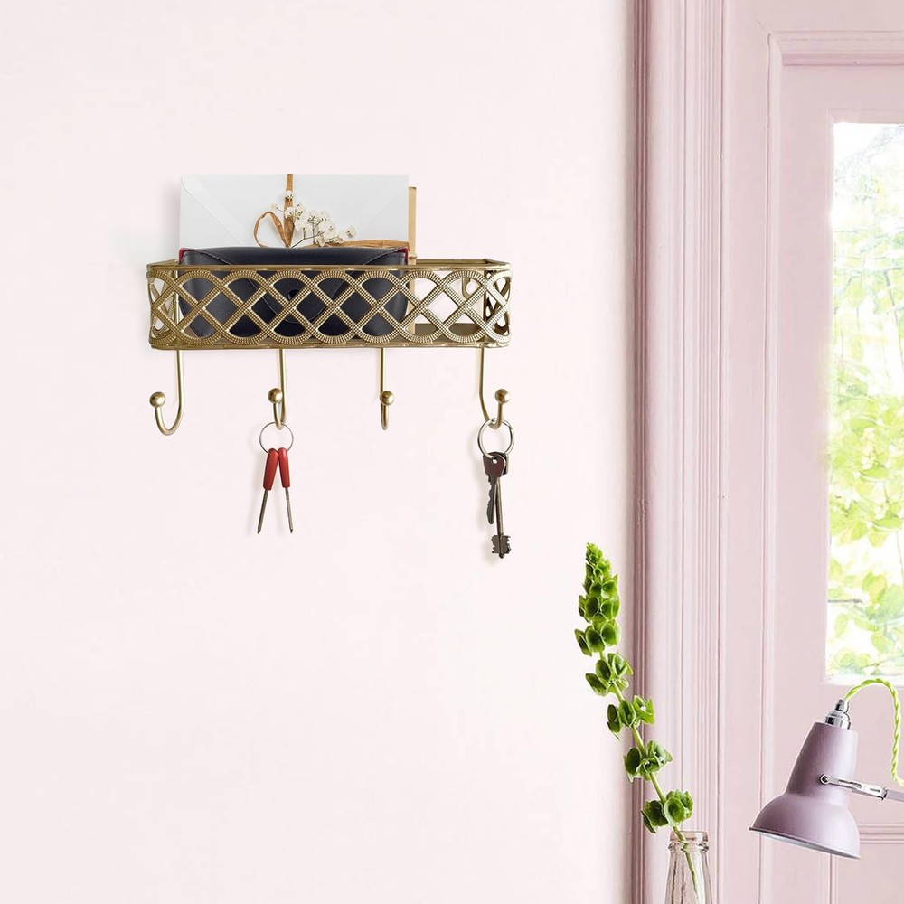 Celtic Knot Key Holder Wall Shelf - Entryway Wall Mounted Organizer with 4 Hooks
