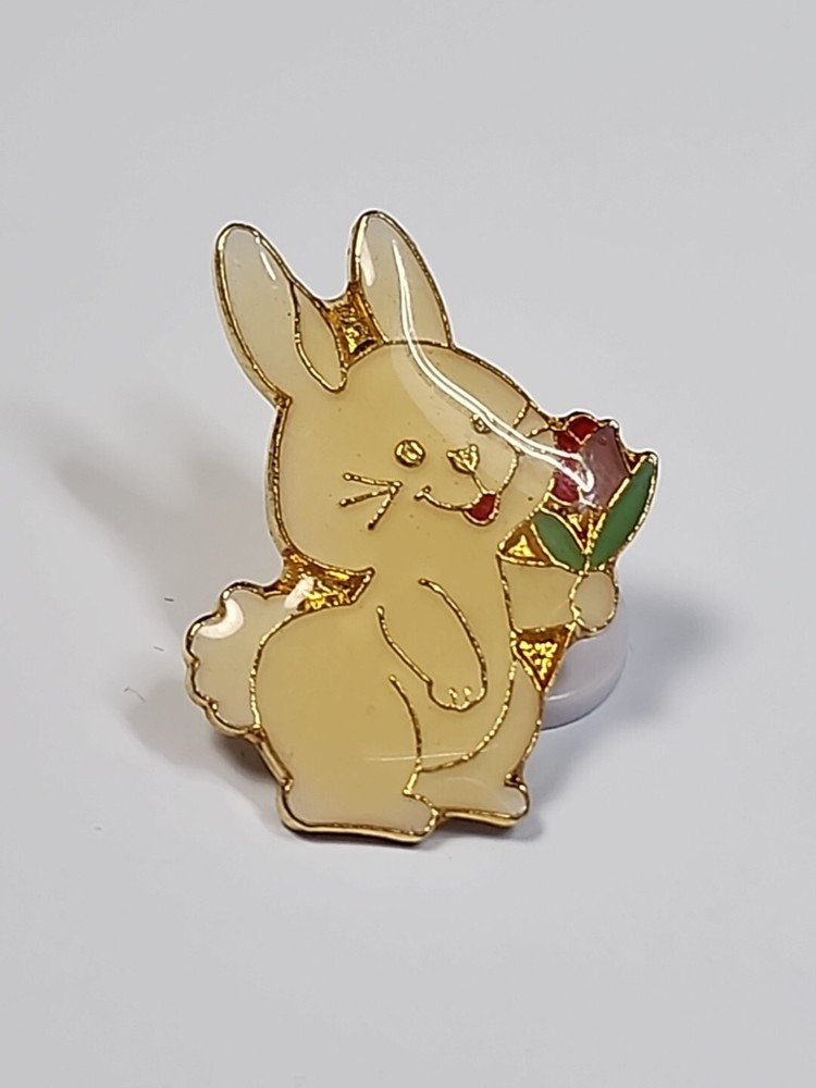 White Bunny Rabbit With Flowers Lapel Pin
