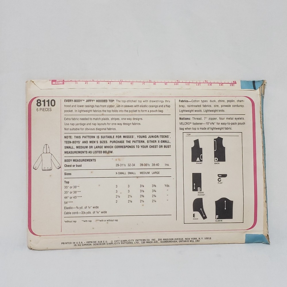 Hooded Pullover Top Unisex Sewing Pattern 8110 Simplicity 1977 Size Medium Uncut