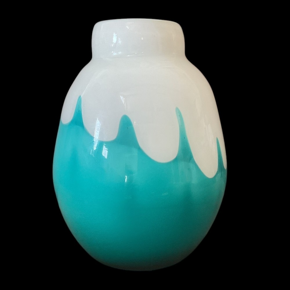 Stunning Turquoise Reverse Drip 8" Art Glass Vase