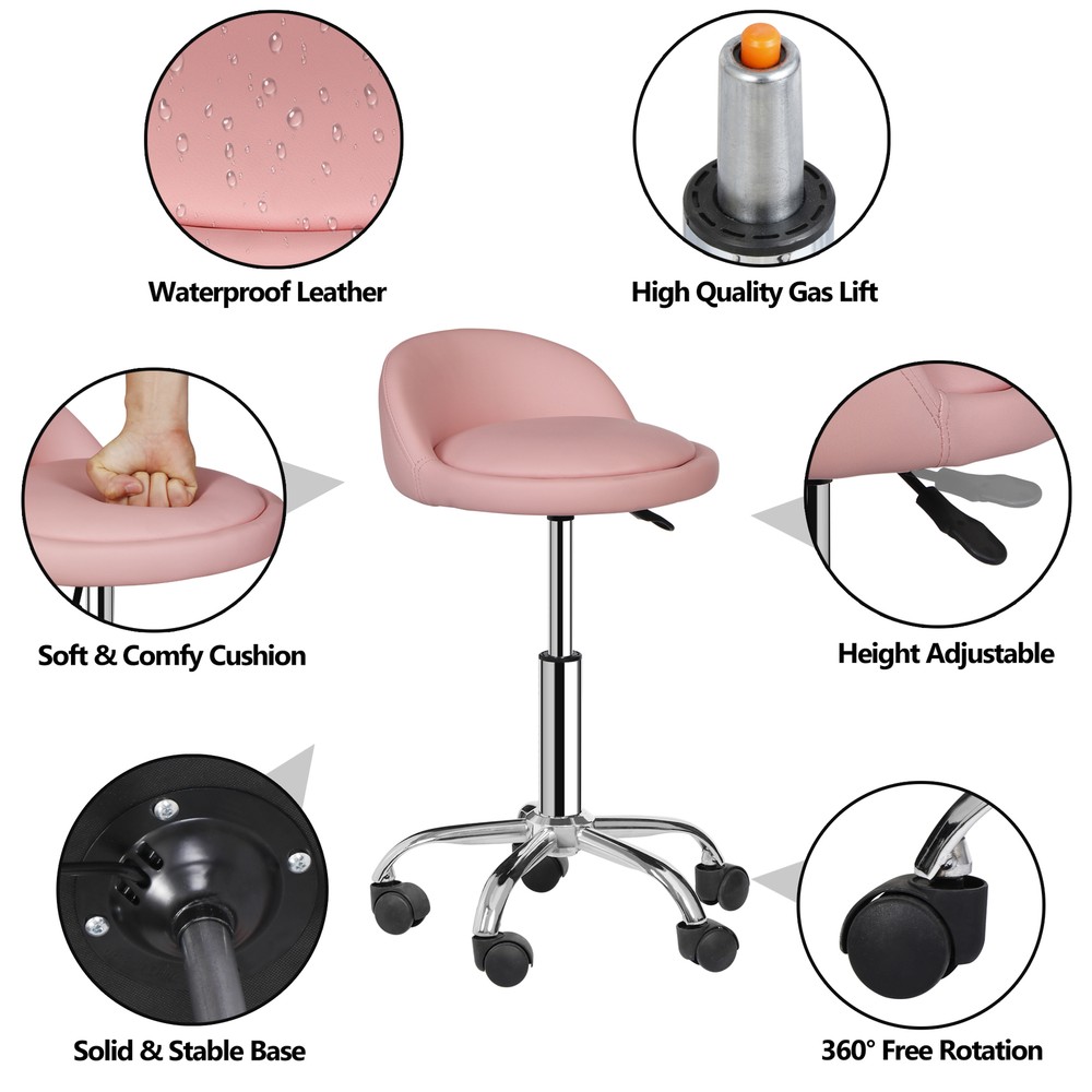 Rolling Stool Adjustable Height Hydraulic Swivel Salon Stool with Backrest Pink