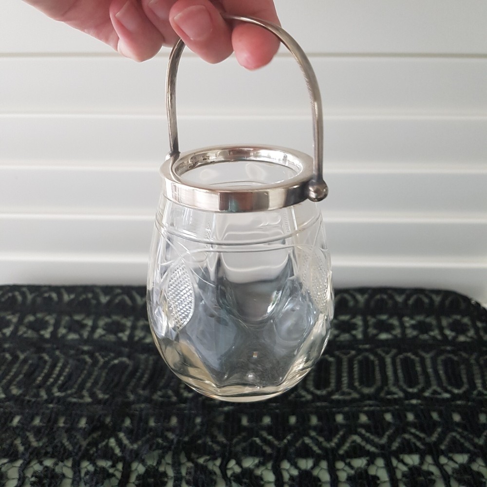 Small jam jar with silver plate hinged handle Community marked Spoon 9.5cm