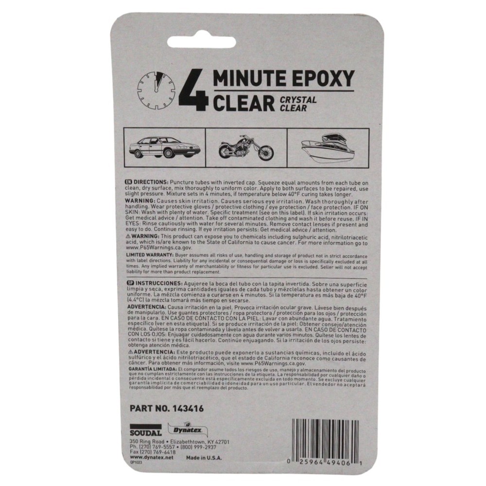 Dynatex 4 Min Clear Epoxy 2 oz - 60 Min Work Clear Bond (Single)