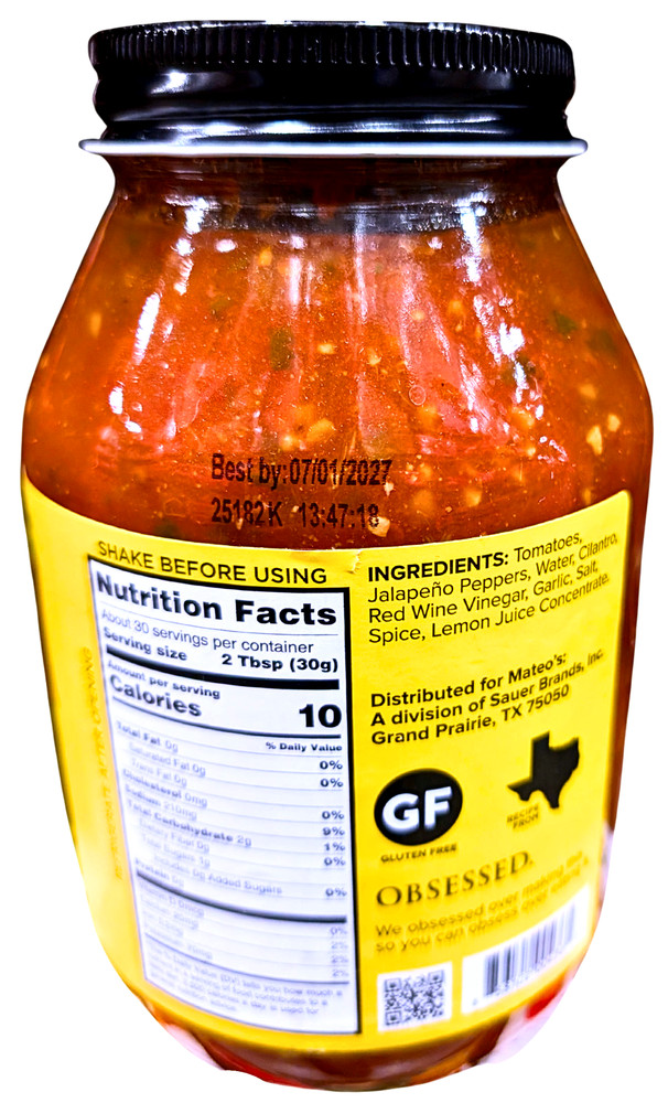 Mateo's Gourmet Salsa Medium 32 Oz EXP 07/2027