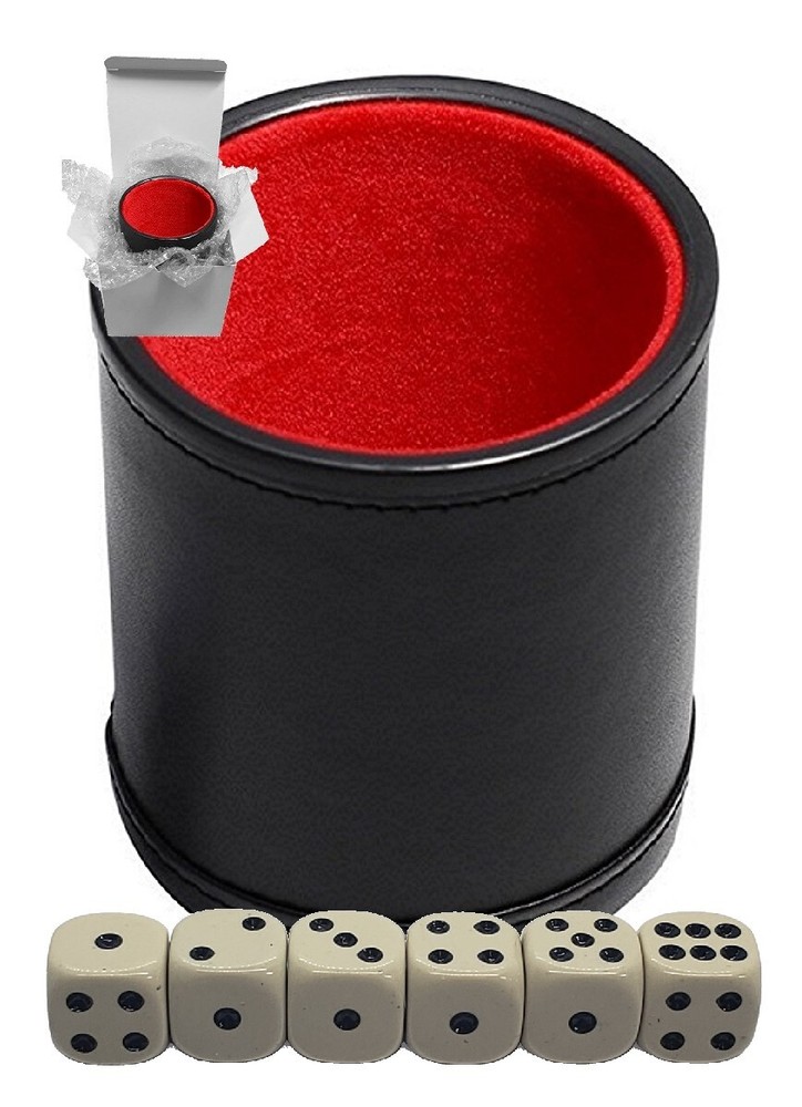 (6) 16mm Dot Dice Bone Black + PU Leather Red Felt Lined Dice Cup Sealed Boxed