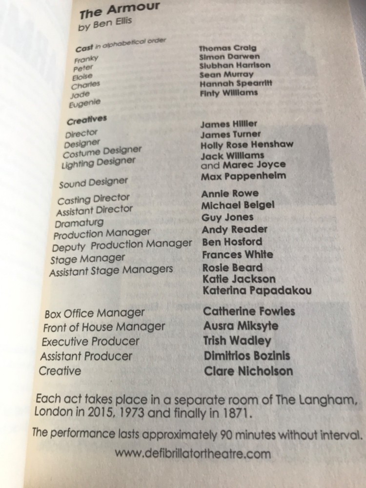 2015 THE ARMOUR by Ben Ellis- script/programme Langham Theatre