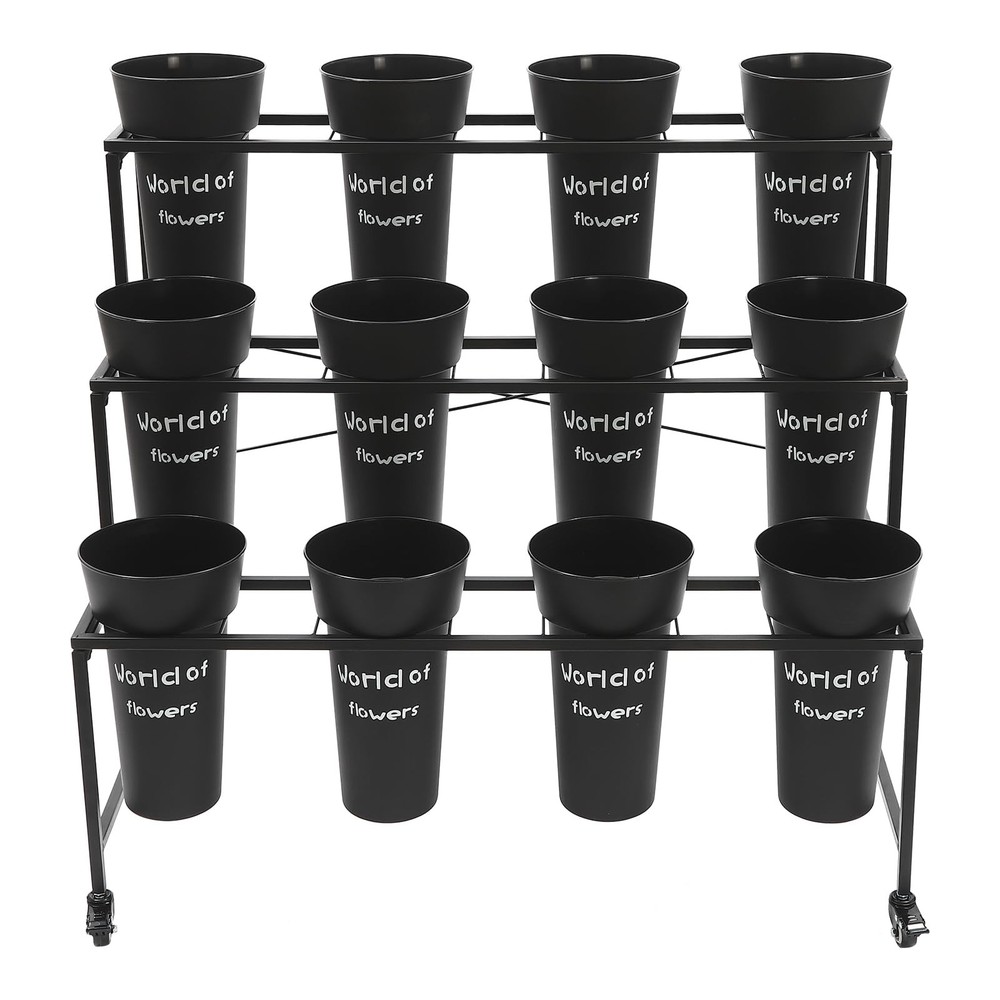 Flower Display Stand with Wheels 3 Layers 12 Buckets