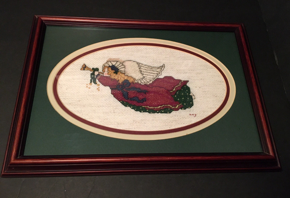 Angel Cross Stitch Matted & Framed Finished Complete Wood Frame