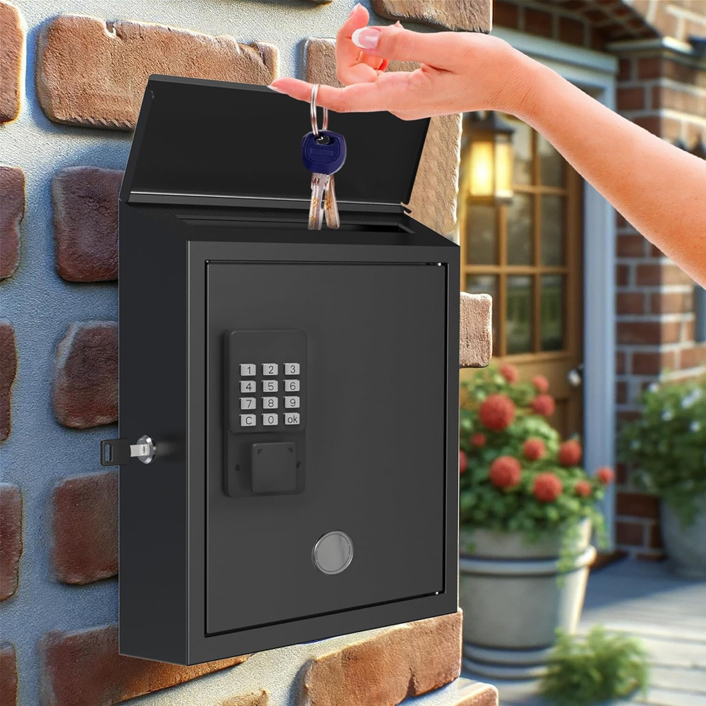 Secure Wall-Mount Mailbox with Electronic Lock - Large Capacity, Black