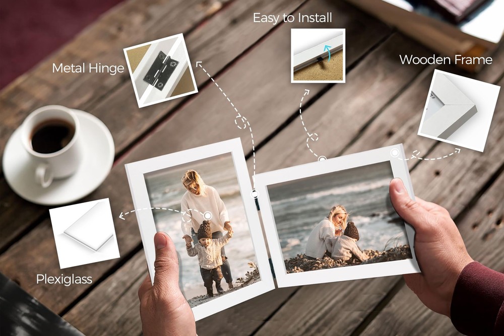 Vertical Horizontal Combo, Double 5x7 White Wood Foldable Picture Frame, Open...