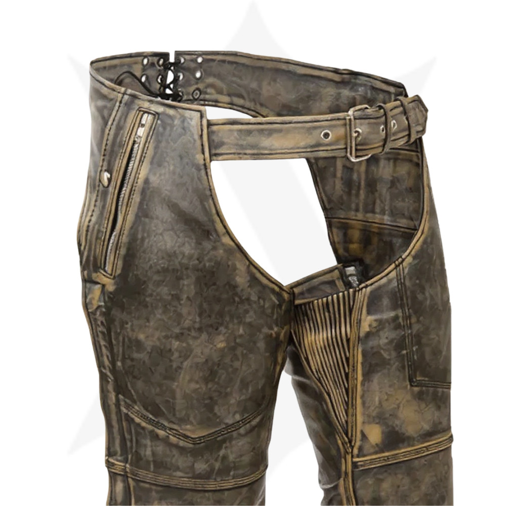 Distressed Black Men Motorcycle Chaps Real Cowhide Riding Pants