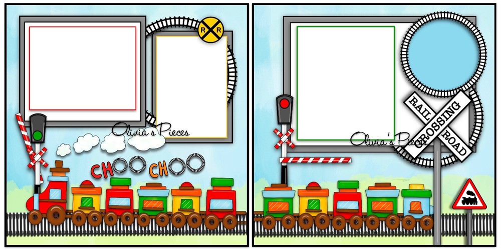 Choo Choo Train -  PRINTED  Pre-made Scrapbook Pages -Olivia Pieces