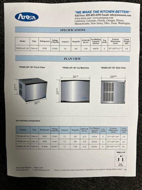 ATOSA YR450-AP-161 460 lbs ICE MACHINE