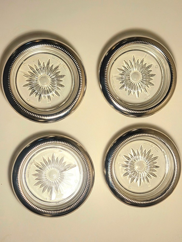 Vintage Silver Plate Coasters With Starburst Pattern MCM