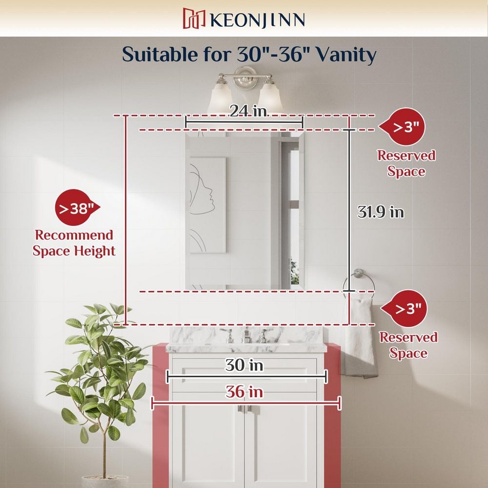 KeonJinn 24" W x 32" H Rectangular Beveled Frameless Wall Mount Bathroom Vanity