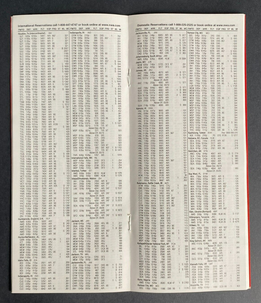 Northwest Airlines Timetable Effective May 1, 2001