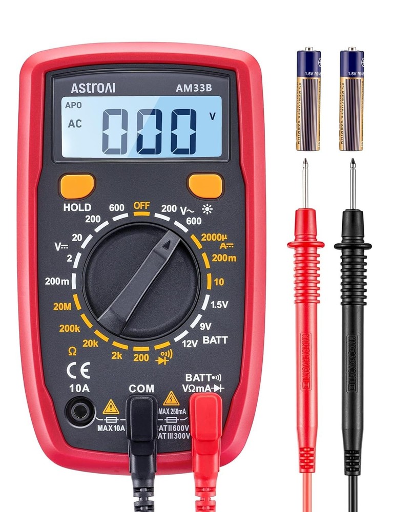 2000 Counts Digital Multimeter with AC/DC Volt Meter & Resistance Tester - Black