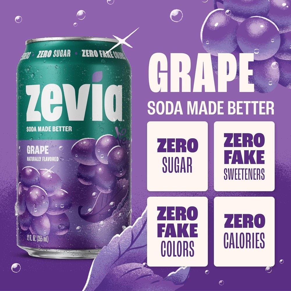 Zevia Zero Sugar Soda, Grape, 12 oz Cans (24-Pack)