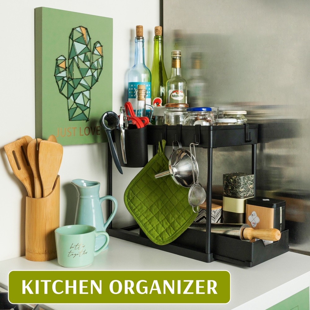 Under Sink Organizer 2 Tier Kitchen Rack Storage Shelf w/ Sliding Cabinet Drawer