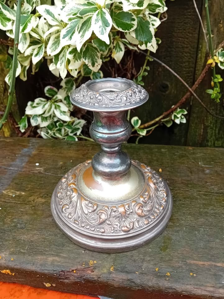 silver plate candelabra 10" tall 3 holders [silver on copper ]