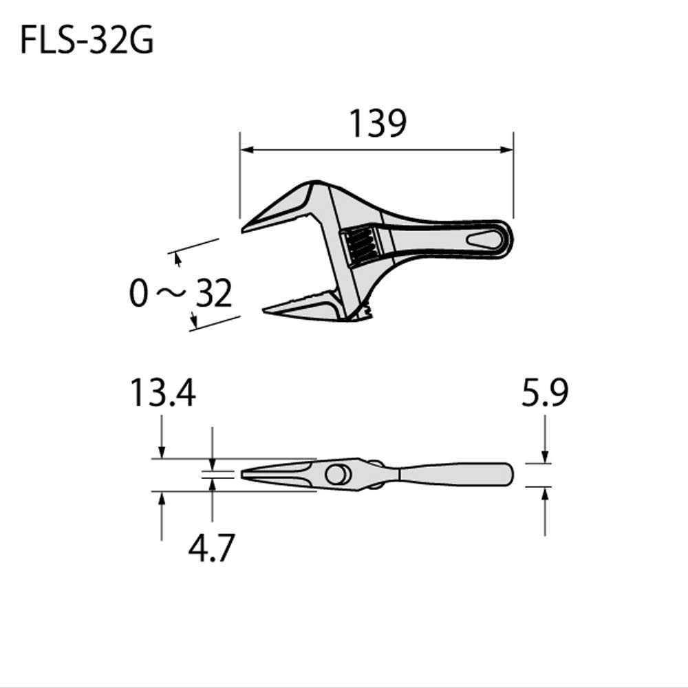 FUJIYA Tools, FLS-32G-F, Short Adjustable Wrench with Grip Silver