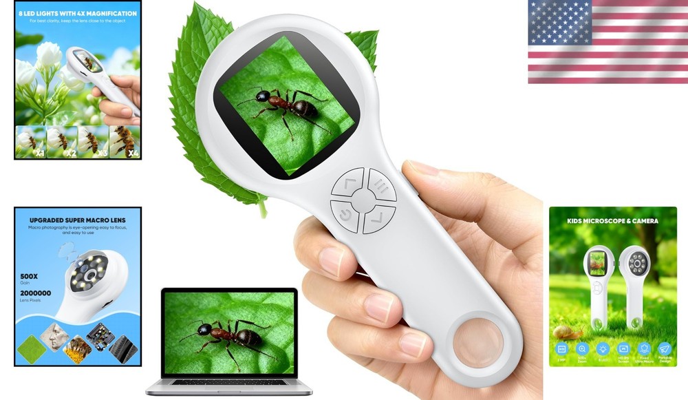 Handheld Mini Microscope with 8 LED Lights and Rechargeable Battery for Easy Use