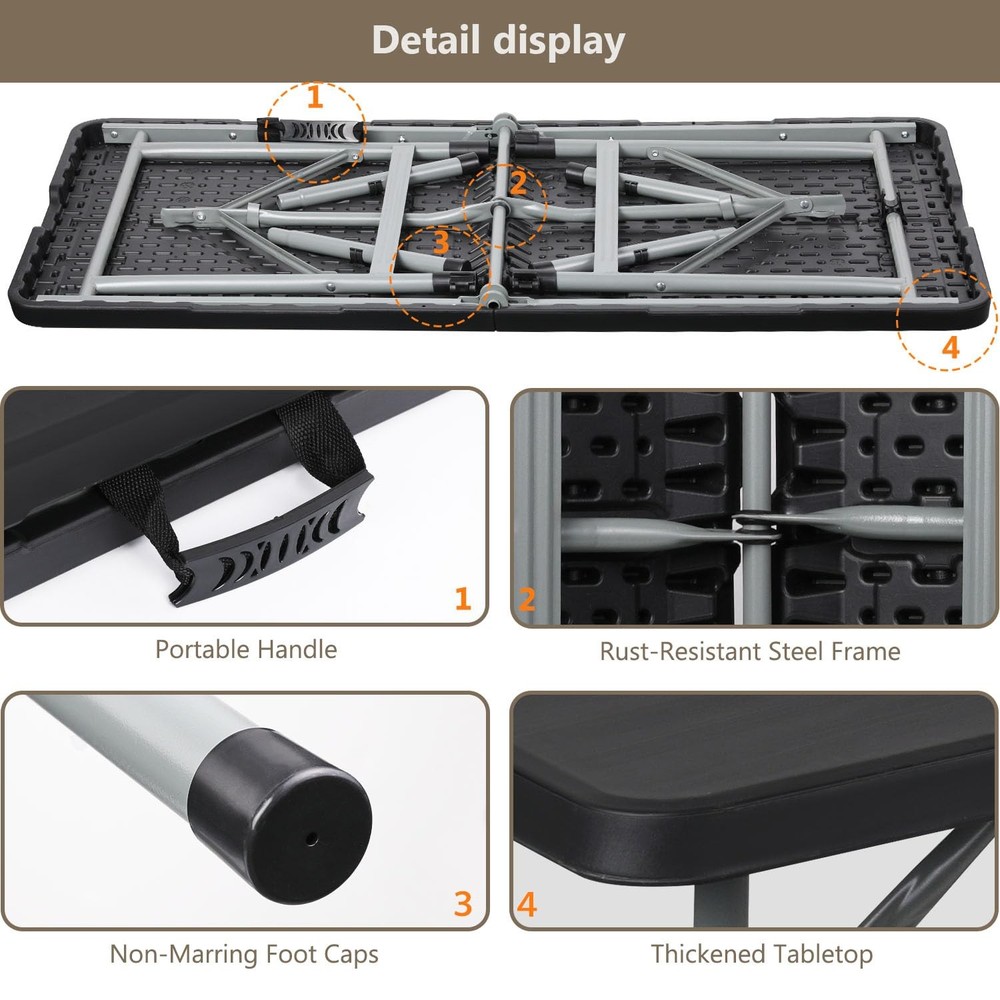 6ft Folding Table with Carry Handle, Portable Heavy Duty Plastic Utility Tabl...