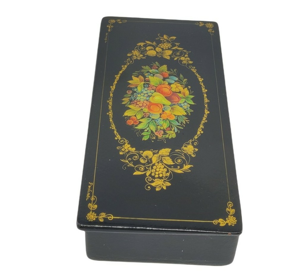 VTG Russian Rectangular Lacquer Box Hand Painted & Signed Fruit Autumn USSR
