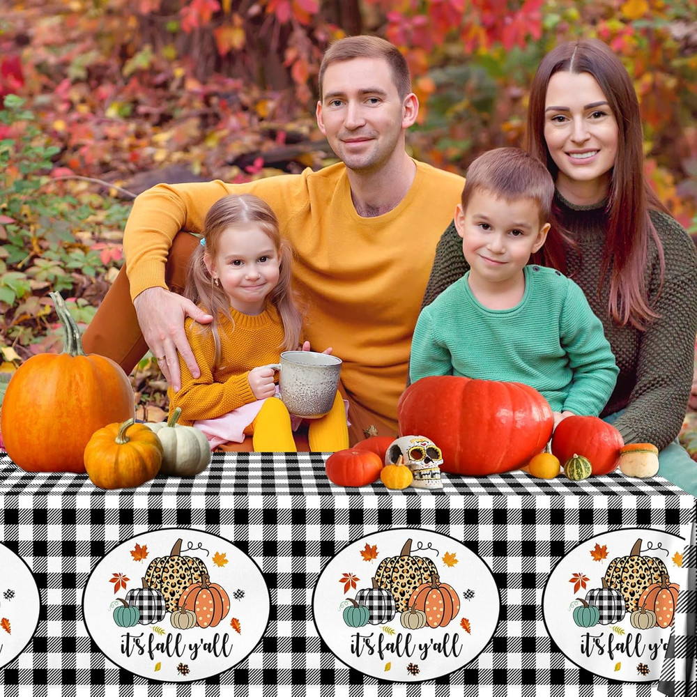 Fall Buffalo Plaid Tablecloth,3Pcs Pumpkin Table Cloth Plastic Black White Check