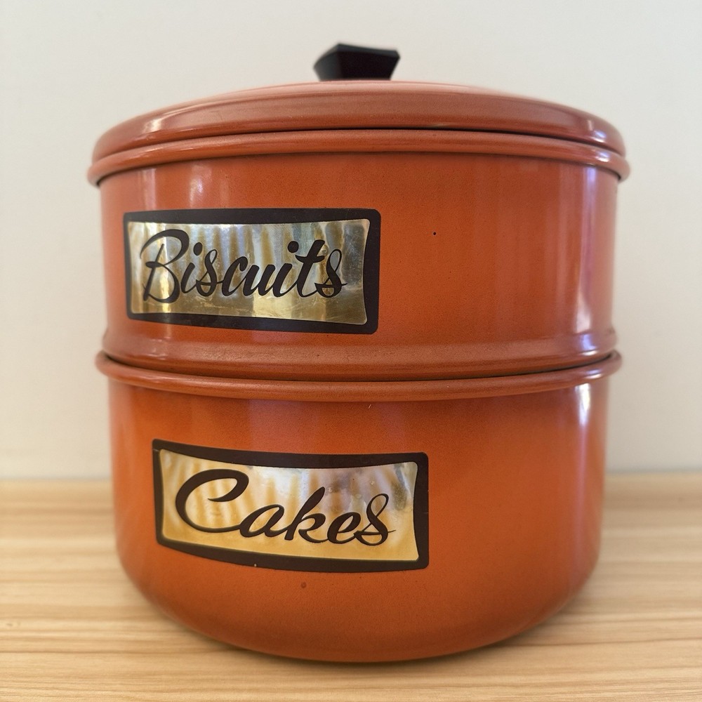 Vintage Retro Aluminium Cake Biscuit Tin Canister Stackable Orange
