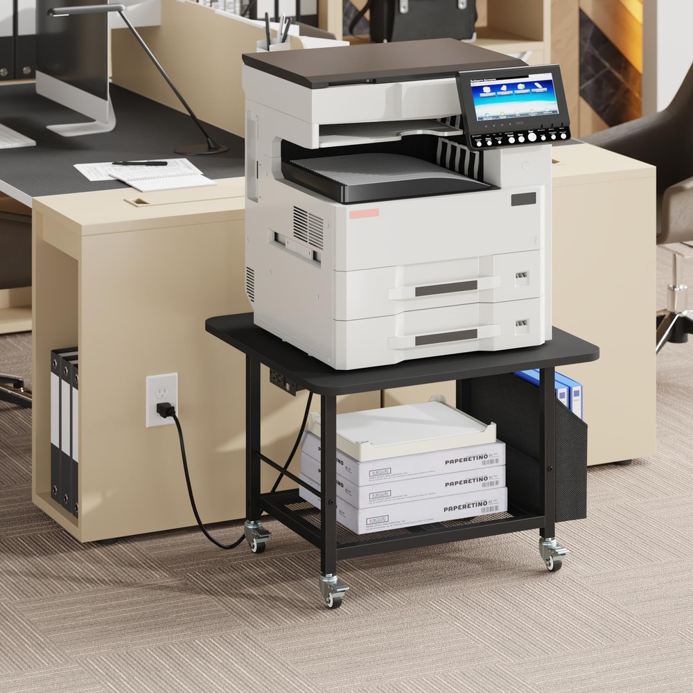 23.6"×23.6" Large Priner Stand with Power Outlet, Printer Table with Storage ...