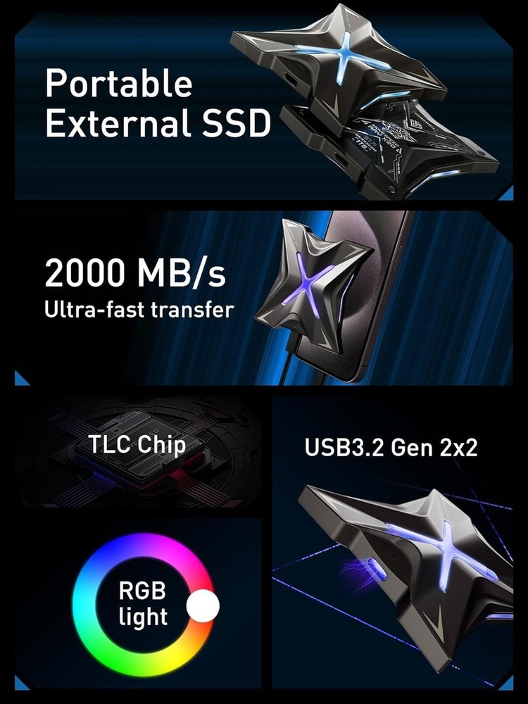 MOVE SPEED Magnetic 2TB Portable External SSD - 2000MB/s USB-C 3.2x2, PS5/PC/...