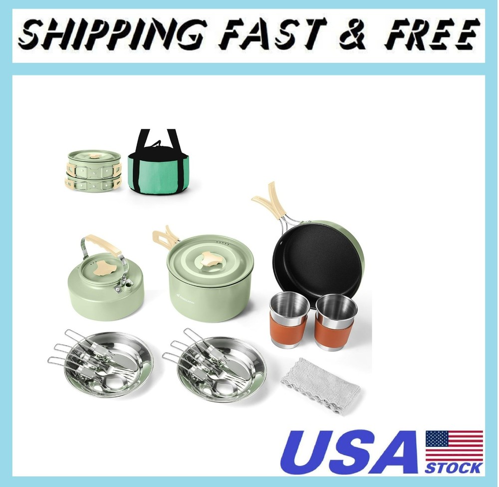 15pcs Camping Cookware Mess Kit, Non-Stick Lightweight Pot Pan Kettle Set