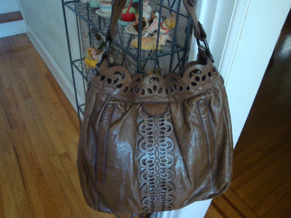 FAB LOCKHEART MOO1964 SOLID BROWN TOOLED LEATHER SHOULDER TOP HANDLE SATCHEL