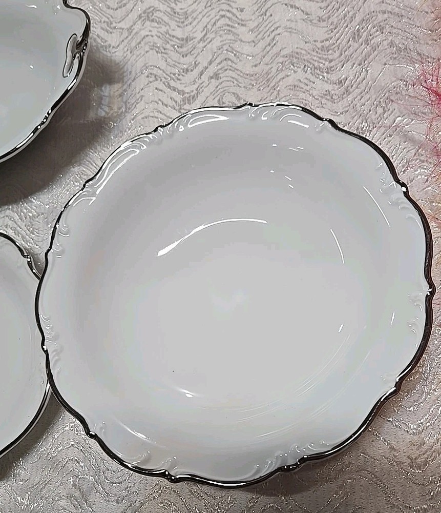 53 Pc Bavaria Tirschenreuth Silver Scroll Scalloped Dinnerware Set Pasco White
