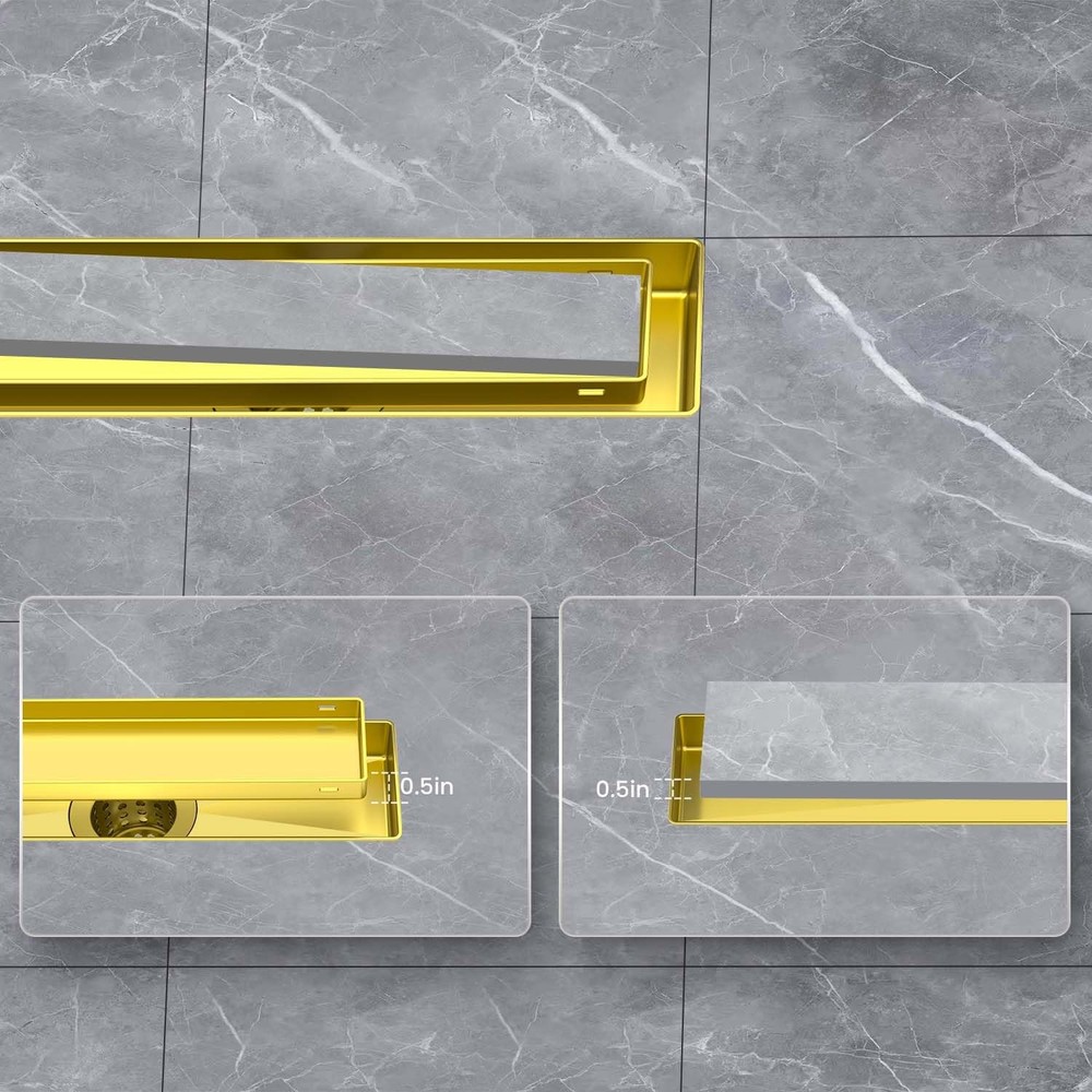 Offset Linear Shower Drain 36 Inch Brushed Gold with Reversible Tileable Cove...