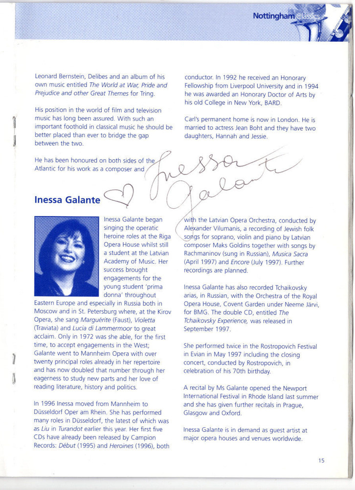 Carl Davis & Inessa Galante Signed Program 1998 / Autographed Opera, Composer