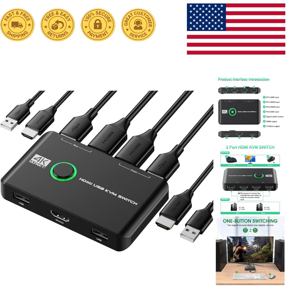 Versatile HDMI & USB KVM Switch for 2 PCs - Driver-Free Plug-and-Play Experience