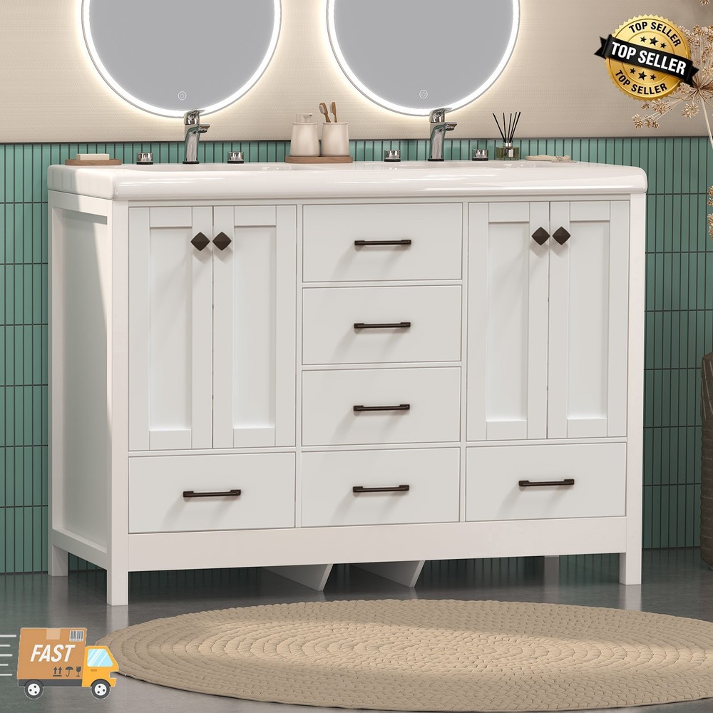Modern 47.3" Bathroom Vanity Cabinet Double Ceramic Sinks Freestanding Storage