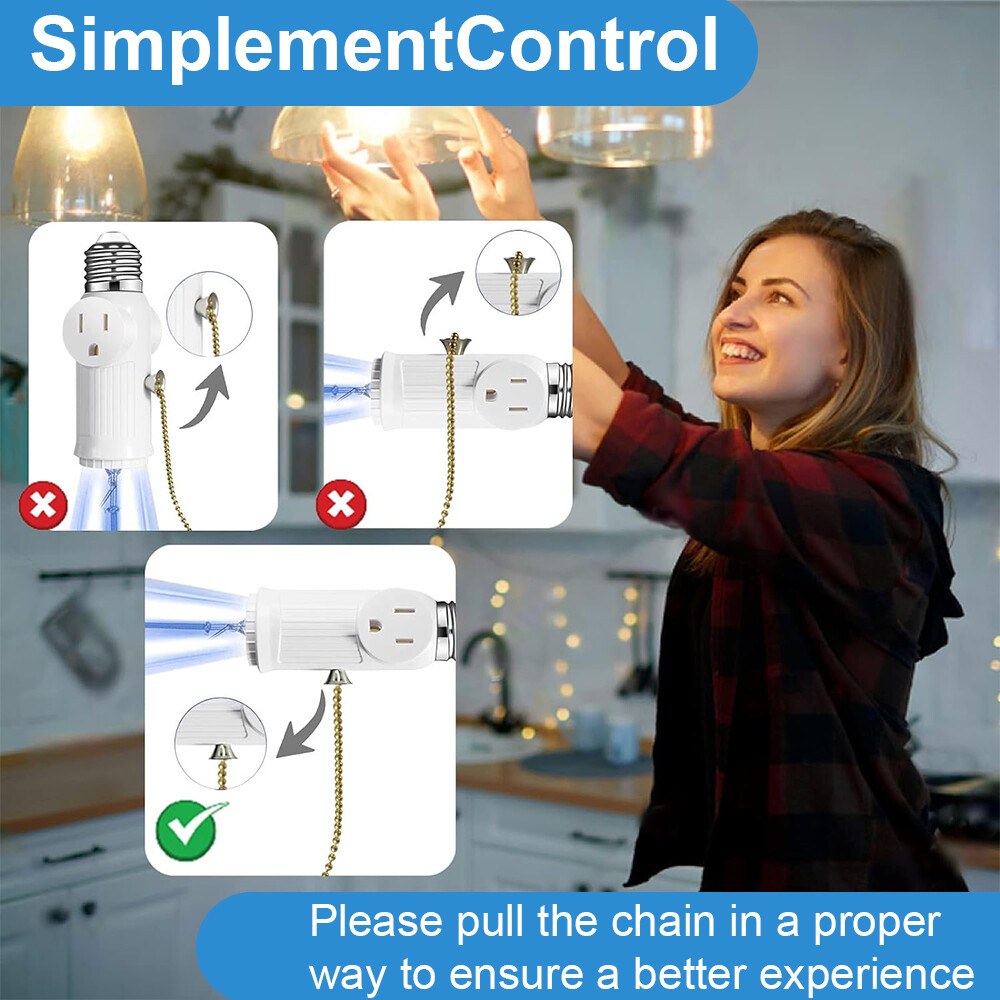 2 Pack E26 Light Bulb Socket Adapter With 2 AC Outlet Plug And Pull Chain Switch