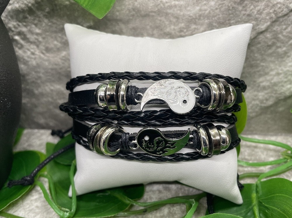 2 PC Yin Leather Bracelet Stackable Adjustable Tie New B2836