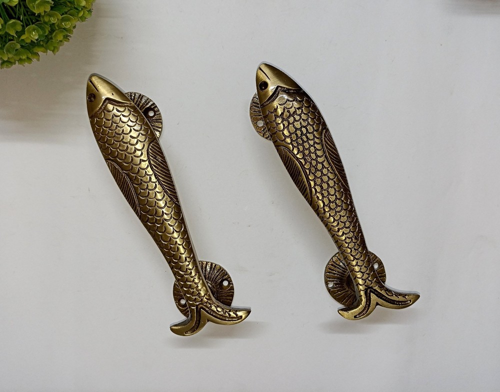 Lacquered Brass Sea Fish Cupboard Pull Office Interior Door Handle Pair AJ456