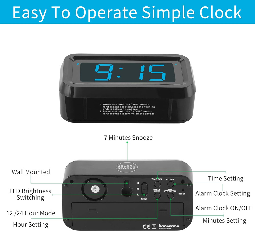 Alarm Clock, Digital Clock, Constantly 1.2'' LED Blue Digits Display, Battery Po