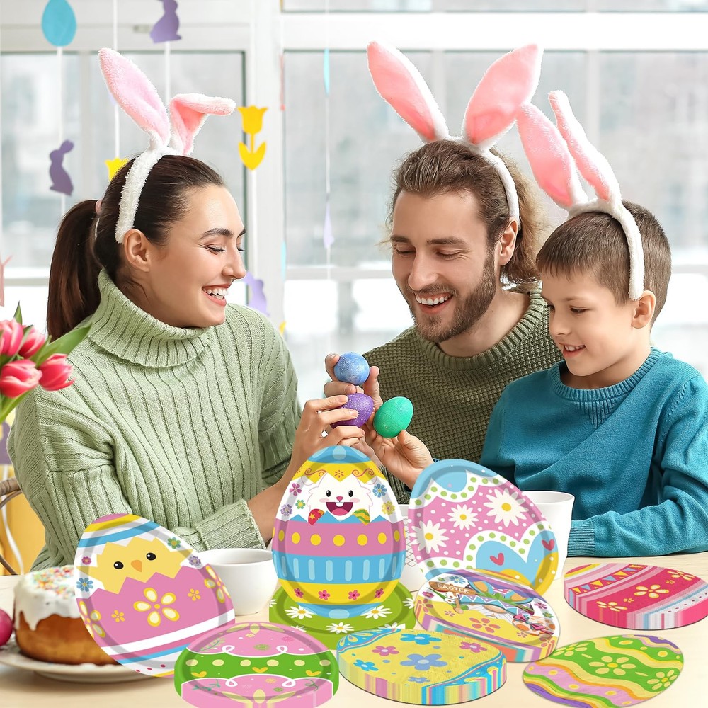 Easter Egg Tableware - 60 Pcs Bunny Egg Shaped Plates & Napkins Set for Happy E