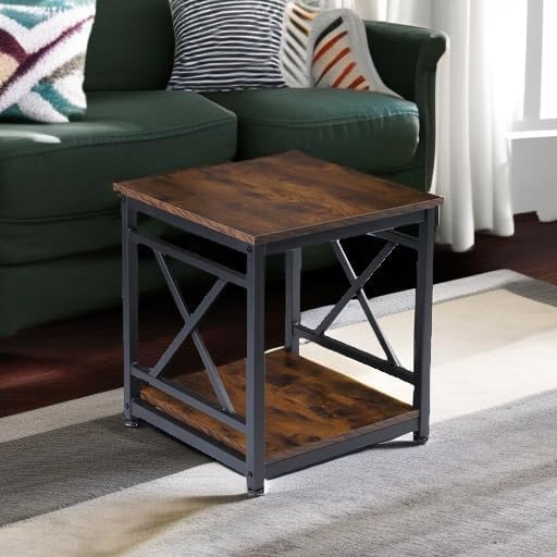 Industrial End Table Side Table with 2-Tier Storage Shelf, 18'' Square
