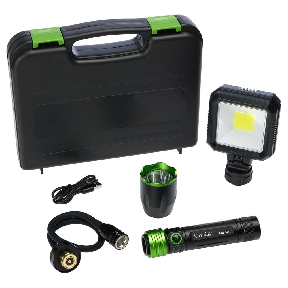 OneClik Interchangeable Rechargeable Flashlight Kit with Storage Case, New