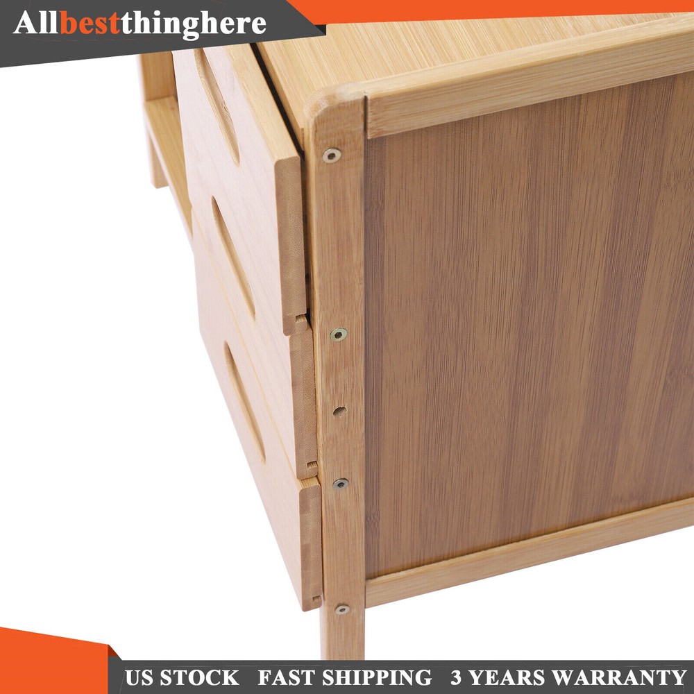 Nightstand Bedside End Table Bedroom Side Bamboo Storage w/ Pull-out Drawer US