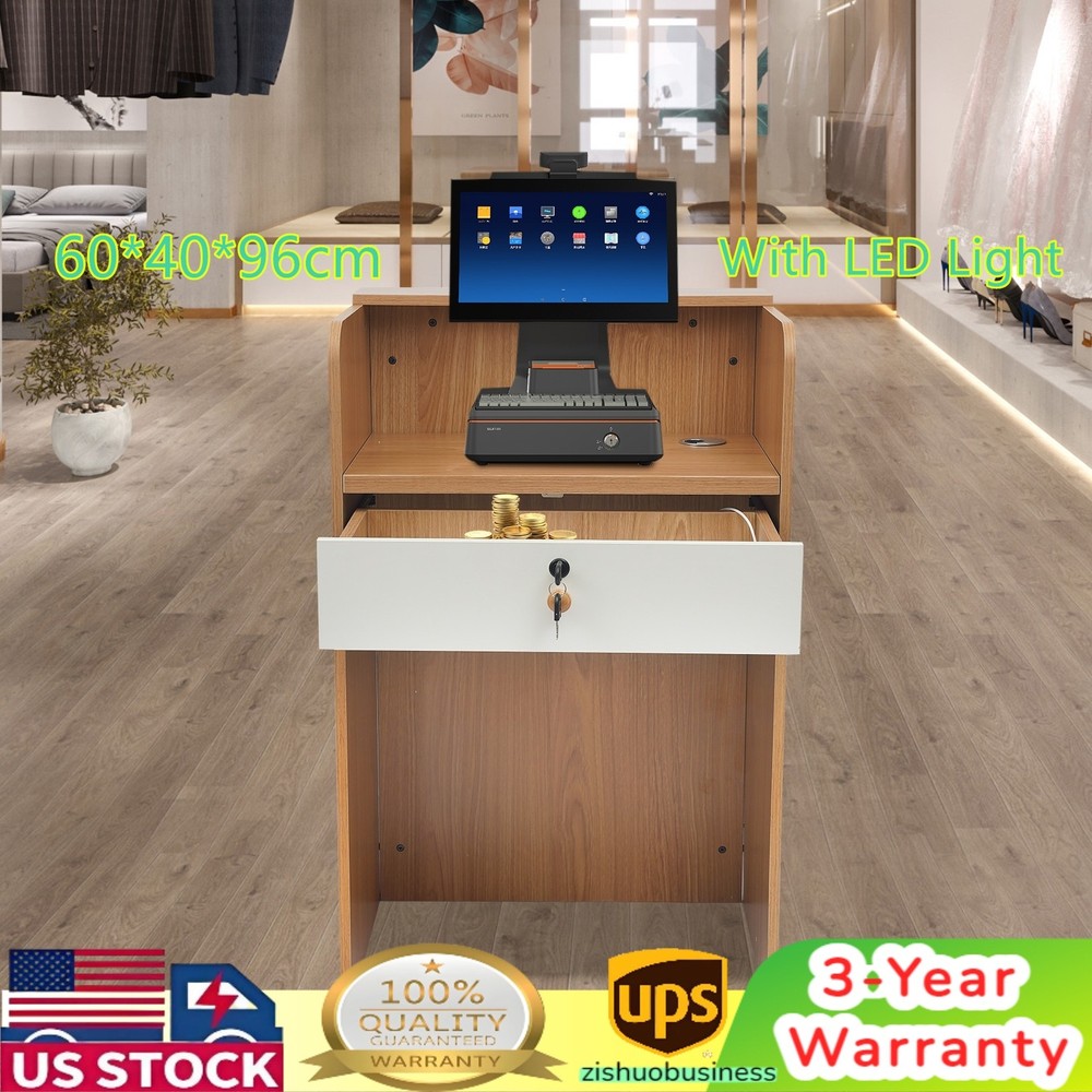 Reception Desk with LED Light Checkout Counter Table w/ Storage Drawer Store Use