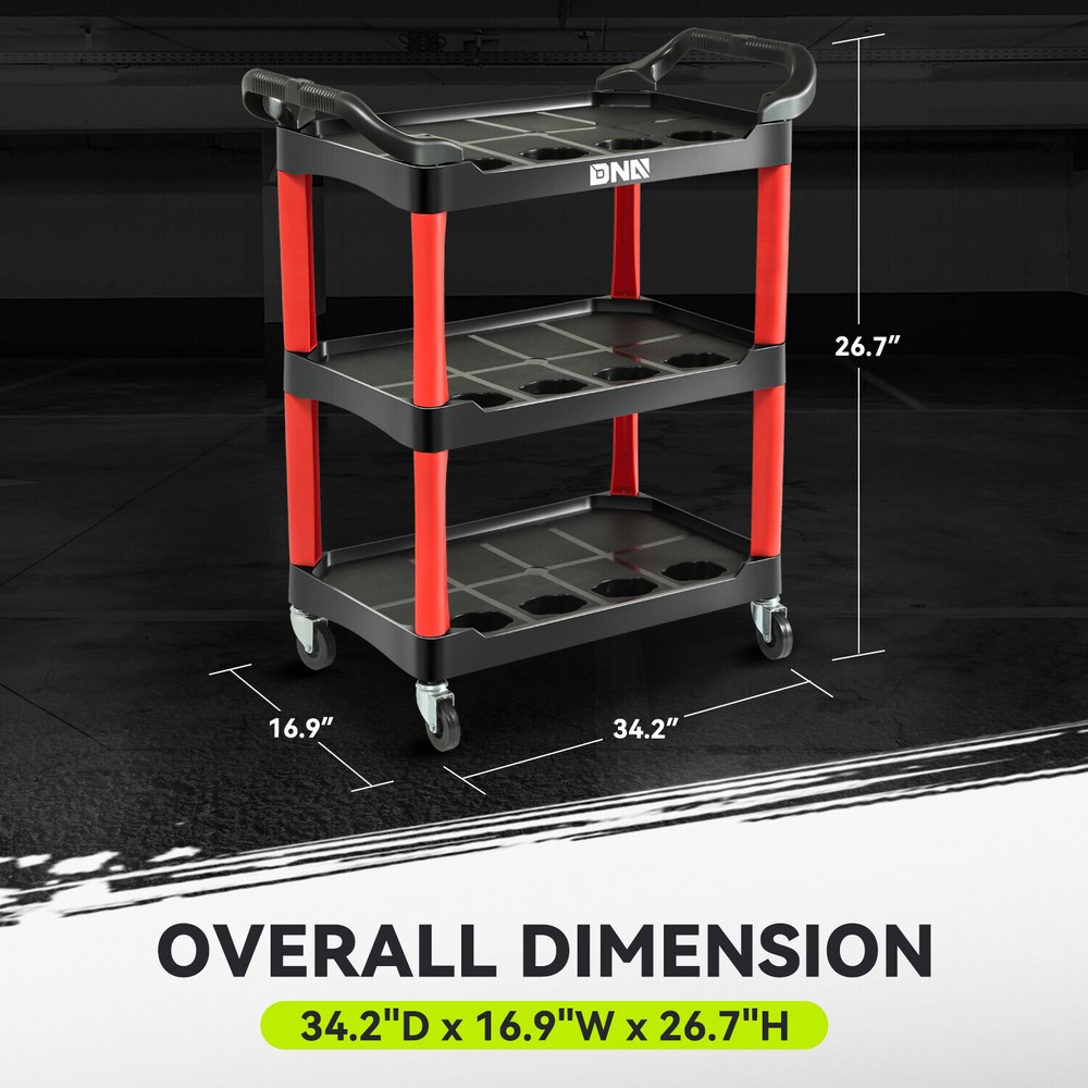 3 Level Composite Workshop Tools Trolley+Casters for Warehouse Garage Office Red